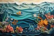 © PinkiePie - A serene ocean scene with waves, coral reefs, and marine life made from paper layers