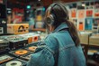 © sergign - Back view of person wearing headphones looking at vinyl records in an atmospheric vintage record store.