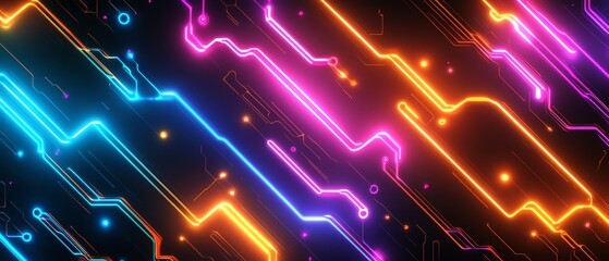 Vibrant neon circuit board design background.