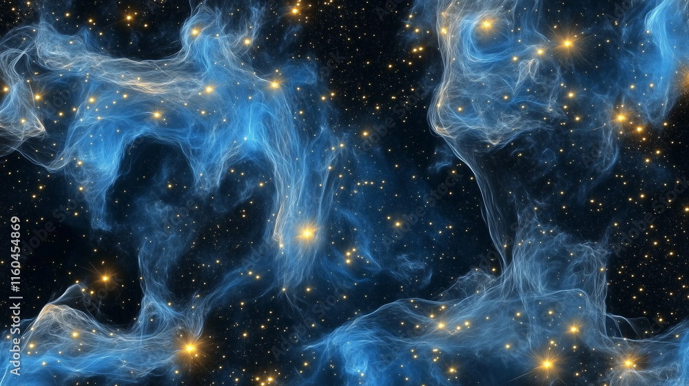 Cosmic Nebula Seamless Pattern: Abstract Blue and Gold Starry Sky with ...