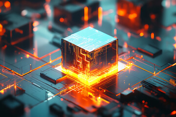 Wall Mural - glow core: abstract circuitry cube, interconnected network, tech future.