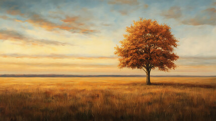 a solitary autumn tree standing in an empty meadow with warm earthy tones and a distant horizon unde