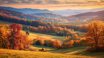 Wall Mural - A top-down view of a serene autumn landscape with rolling hills covered in colorful trees under soft natural light 