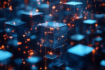 Wall Mural - floating data cubes: abstract network with glowing particles and blue tones