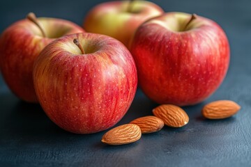 Three red apples and almonds on dark background. Perfect for healthy eating, diet, or snack concepts.