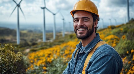 Wall Mural - a candid portrait of a smiling engineer man in a renewable energy setting, with wind turbines in the