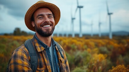 Wall Mural - a candid portrait of a smiling engineer man in a renewable energy setting, with wind turbines in the