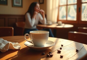 Wall Mural - Café scene featuring a close-up of a rustic wooden table, where a coffee cup