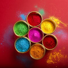 Indian festival happy holi, colorful holi powder or gulal in group of golden pots on red background