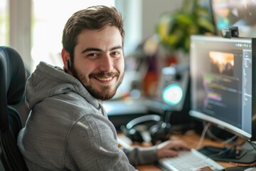Professional programmer smiling while coding at computer workstation.
