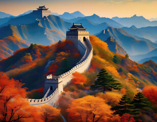 Manifest an immersive art piece featuring the Great Wall of China snaking through autumn-hued forests and mountain ridges. Incorporate details emblematic of ancient architecture, and narrate its histo