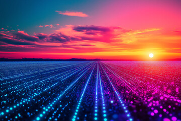 Wall Mural - futuristic retro landscape. digital cyber surface with neon light grid