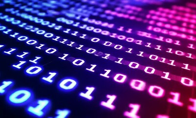 Abstract binary code glowing in vibrant purple and blue.
