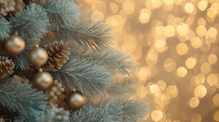 A side view of a Christmas tree with close-up details of glittering golden baubles and frosted pine needles, set against an abstract background of swirling golden light and soft bo