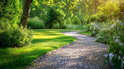 Wall Mural - Tranquil gravel path meandering through vibrant green fields on a bright and sunny day