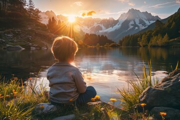 Wall Mural - Child, Mountain Lake, Sunset Serene Reflection in Nature, Boy Contemplating Grand Landscape