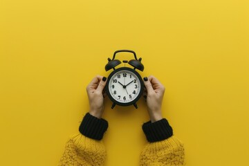 Female hand holding black alarm clock on yellow background.