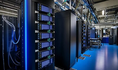 a modern data center filled with high-tech server racks and blue lighting.