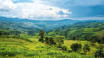 Wall Mural - Vibrant agricultural landscape featuring lush green countryside and rolling hills