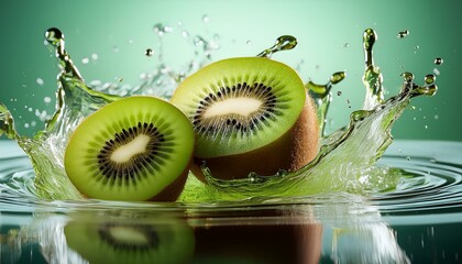 Wall Mural - Juicy kiwi slices splashing into water. Refreshing!