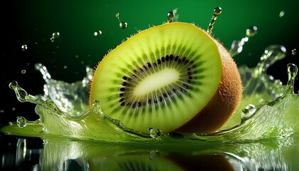 Wall Mural - Juicy kiwi slice splashing in vibrant green liquid. Refreshing!