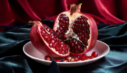 Wall Mural - Juicy pomegranate seeds burst from their crimson shell, a vibrant still life.