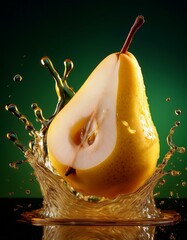 Wall Mural - Juicy pear splashing in liquid.  Golden hues against a dark green backdrop.