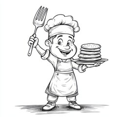 Wall Mural - Little Chef Pancake Pride: A cheerful cartoon chef proudly presents a stack of delicious pancakes, a spatula held high in celebration of culinary success.