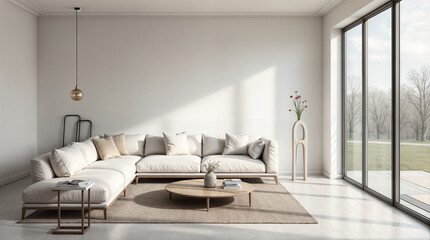 Wall Mural - a living room with a white couch, a coffee table, and a potted plant