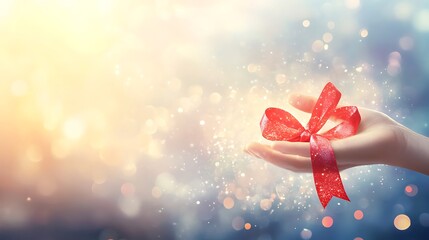 Canvas Print - Hand holding a red ribbon bow, magical sparkle background.