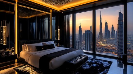 Canvas Print - Luxurious hotel room with city view at sunset.