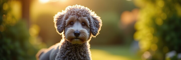 Wall Mural - Adorable Pumi puppy portrait bathed in golden hour sunlight outdoor pet photography stock image