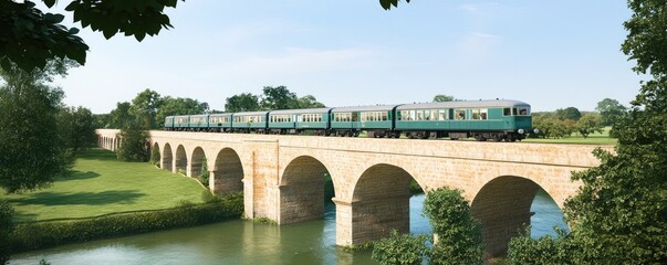 Wall Mural - A vintage train crosses a stone bridge over a serene river in a lush landscape.