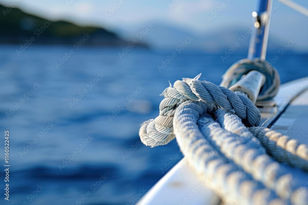 Sailboat Rudder Ropes Close-up of nautical ropes on sailboat deck, ocean background. Stock ...