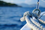 Close-up of nautical ropes on sailboat deck, ocean background.