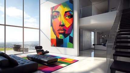 Canvas Print - Modern living room with large colorful abstract portrait.