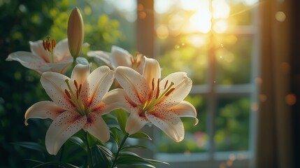 Poster - Beautiful lilies basking in warm sunlight near a window during golden hour