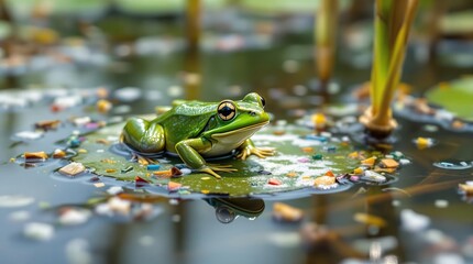 Wall Mural - Vibrant green frog on lily pad in peaceful pond with colorful reflections