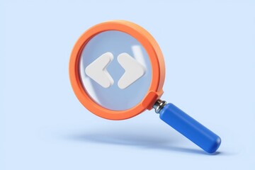 Fototapete - A magnifying glass focuses on white chevrons, symbolizing code inspection or debugging.