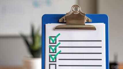 Leinwandbilder - A blue clipboard displays a checklist with several items marked complete, signifying task completion or progress.