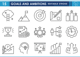 A set of line icons related to Goals and Ambitions. Goal, achieve, efficient, challenge, trophy, target, hard work, plans, mindset, and so on. Vector editable stroke.