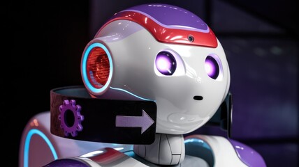 Poster - A close-up of a friendly, futuristic robot with glowing eyes and purple accents.