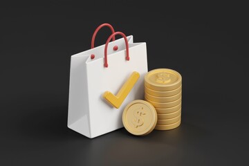 Aufkleber - Shopping bag with gold coins and a checkmark, symbolizing successful online purchase and payment.