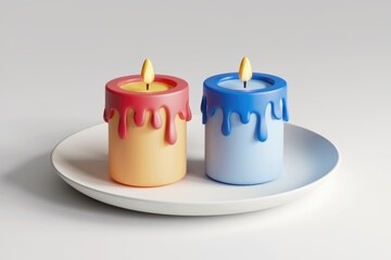 Aufkleber - Two colorful cartoon candles with dripping wax on a white plate.