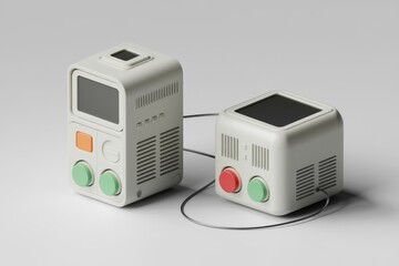 Poster - Two retro-styled devices with screens and colorful buttons are connected by a cable.