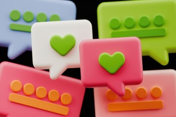 Poster - Colorful 3D speech bubbles with hearts and dots, representing social media interactions and likes.