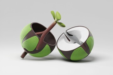 Aufkleber - A stylized coconut split open, revealing a sprouting plant inside, a 3D render.