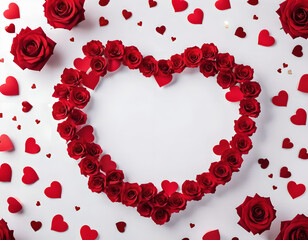 Creative layout adorned by red rose flowers in heart shape and paper heart on white background. Top view, flat lay concept