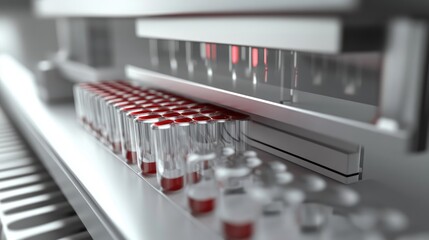 3D illustration of an automated pharmaceutical inspection machine, inspecting ampoules and vials for defects in mass production.