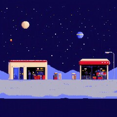 Wall Mural - 20241228122317list 65 An intricate 8-bit pixel art of a glowing pixelated alien marketplace with tiny glowing stalls, pixelated goods, and sparkling shoppers, set on a pastel aqua and purple 